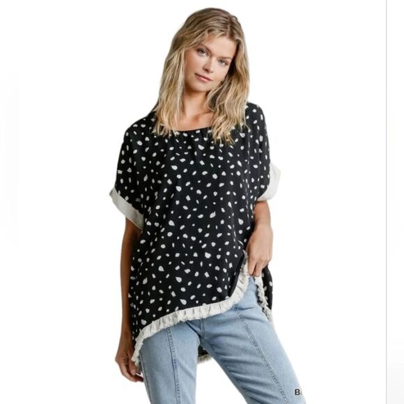 Umgee Women's Dalmatian Spot Fringe Trim Linen Blend Relaxed Fit Blouse Large - Picture 1 of 13